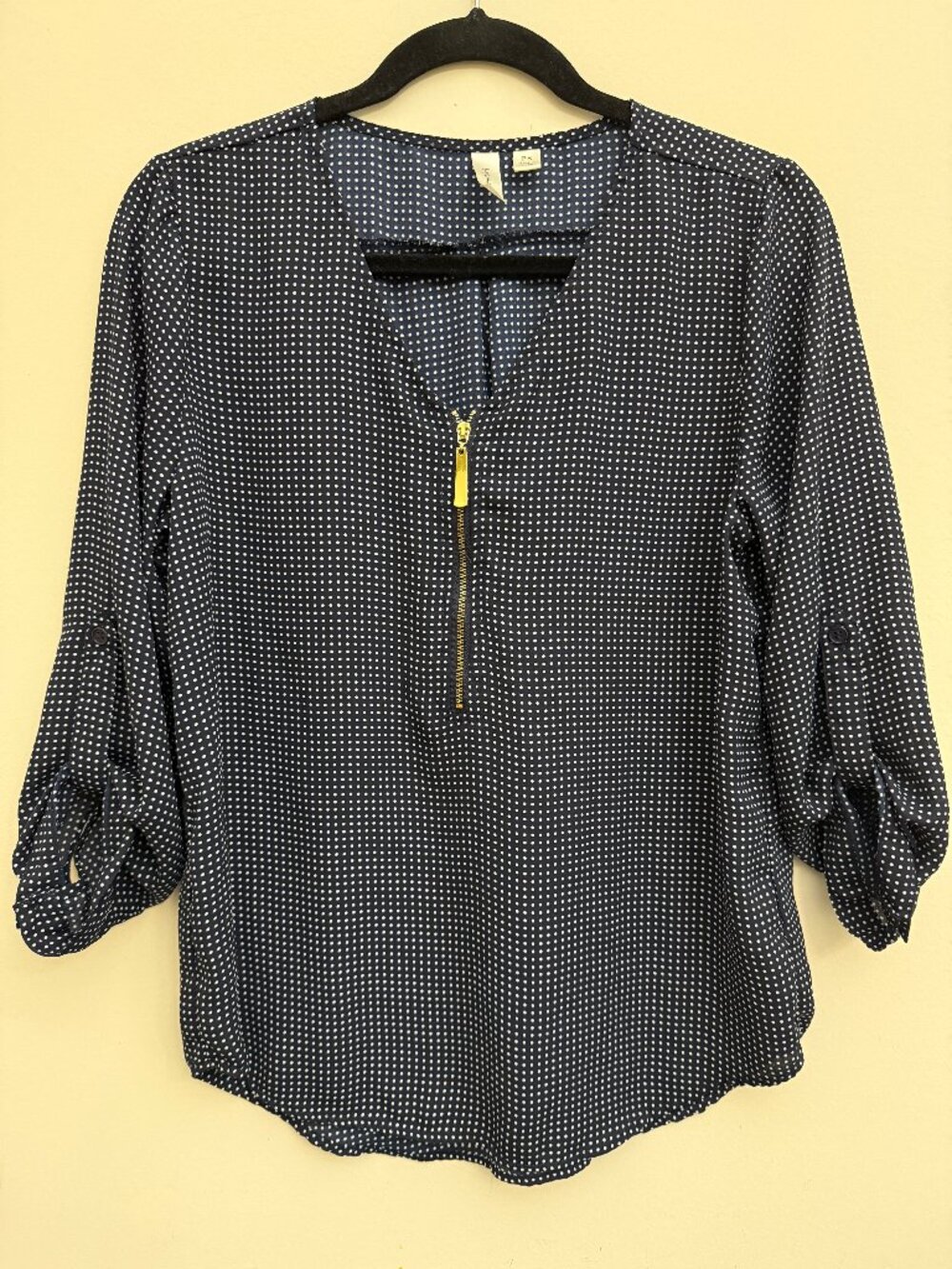 Dark Navy Blue Long Sleeve Dress Blouse Half Zipper - Tacera Size PS